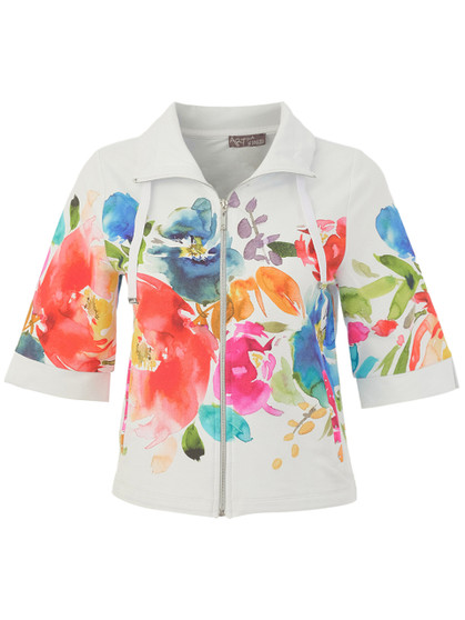 Front of the Spring Delight Floral Zip Jacket style 26707 from Dolcezza in the multicolor print