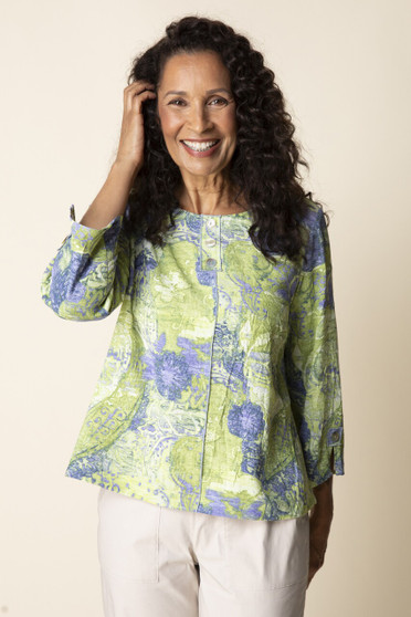 Front of the Destination Pleat Back Pullover Top style 34932 from Habitat in the aloe print