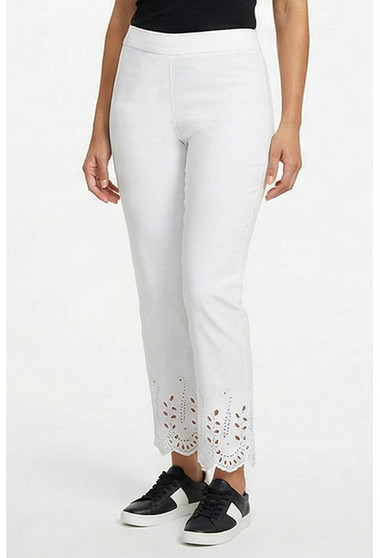 Front of the Eyelet Cutout Rhinestone Pants style P304EWHT from Ethyl in the color white