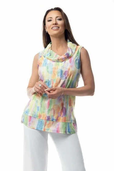 Front of the Pastel Sleeveless Cowl Neck Top style 667-4812 from Pure Essence in the multicolor print