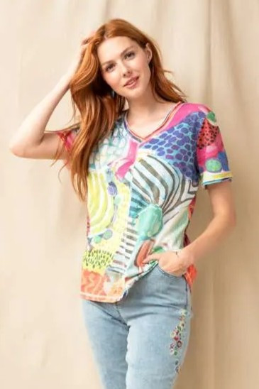 Front of the Morning Hike V-Neck T-Shirt style CP-92565 from Claire Desjardins in the multicolor print