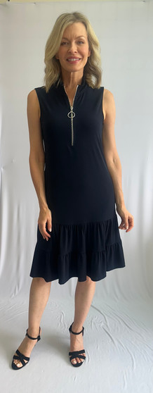 Front of  the Half Zip Ruffle Hem Dress style 207249 from Soft Works in the color black