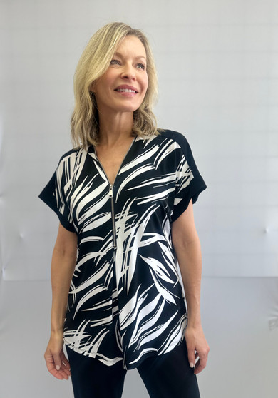 Front of the Brushstroke Print Half Zip Top style 202319 from Soft Works in the colors black and white