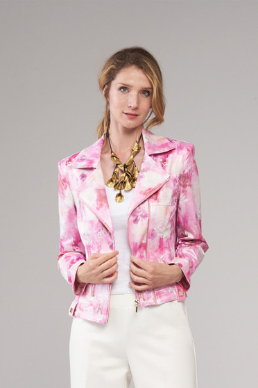 Front of the Floral Printed Vegan Leather Zip Up Jacket style BCJ1831FMPR from Insight in the fuchsia multi print
