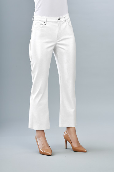 Front of the Metallic Patent Faux Vegan Leather Flare Pants style BCP8712 from Insight in the color white