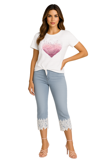 Front of the Lace Trim Jean Capris style 261123 from Orly in the color blue