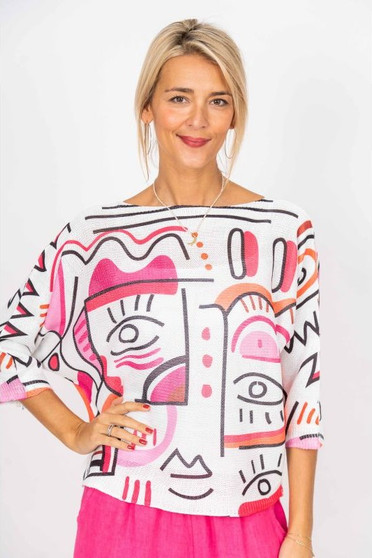 Front of the Abstract Pic Batwing Sweater style 1125 from Look Mode in the color fuchsia