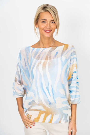 Front of the Zebra Print Batwing Sweater style 0125 from Look Mode in the colors blue and silver