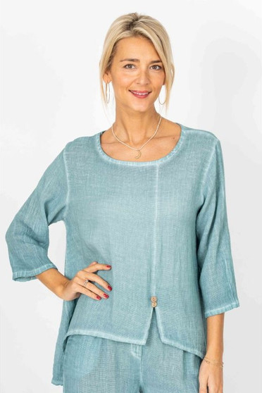 Front of the Hi Low Button Top style 13060 from Look Mode in the color lagoon