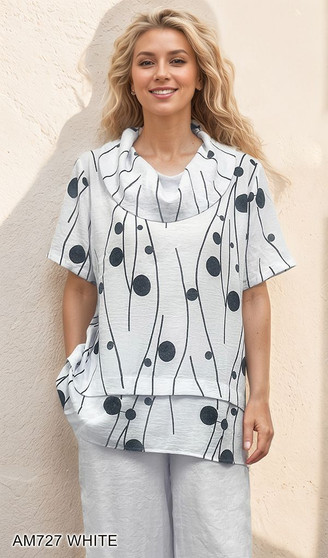 Front of the Dots and Stripes Cowl Tunic style AM727 from Creation in the color white