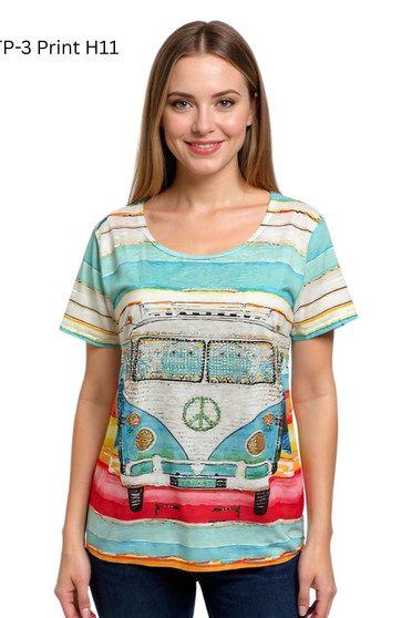Front of the Blingy Vintage Bus T-Shirt style GTP-3-H11 from Creation in the multi print