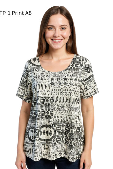 Front of the Tribal Print Short Sleeve T-Shirt style MTP-1-A8 from Creation in the black/ivory print