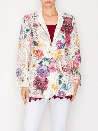Front of the Glam Sequins Floral Print Lace Blazer style 4800BG from Origami in the beige purple print