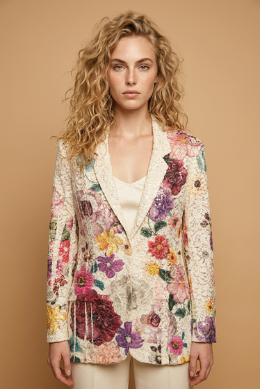 Front of the Glam Bling Floral Print Lace Blazer style 4800BG from Origami in the beige purple print