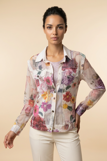 Front of the Faux Suede Mesh Trimmed Detailed Jacket style 4820BG from Origami in the beige/purple print