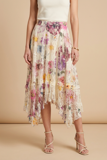 Front of the Long Floral Print Lace Skirt style 4904BG from Origami in the beige/purple print