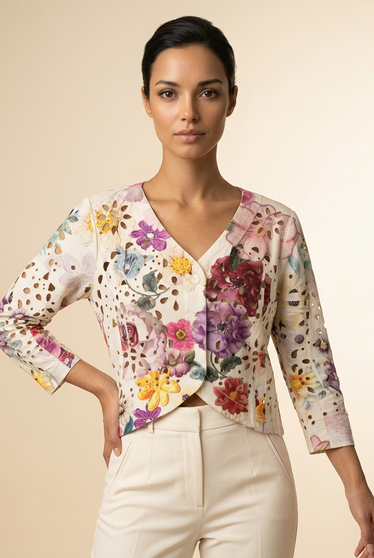 Front of the Soft Faux Suede Laser-Cut Short Jacket style 4831 from Origami in the beige/purple print