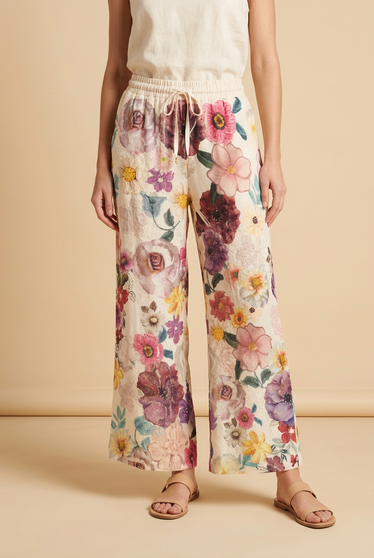 Front of the Floral Print Lace Pants style 4703BG from Origami in the beige/purple print
