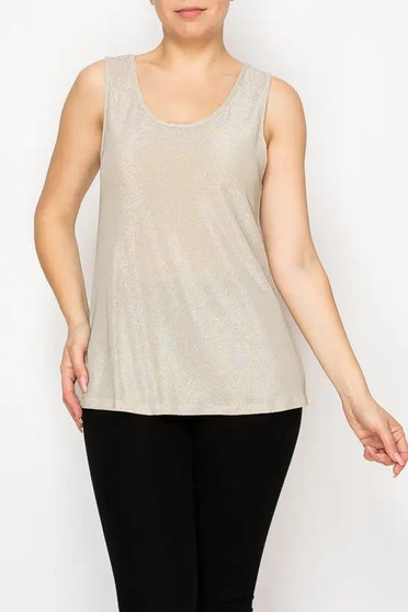 Front of the Shimmery Essential Sleeveless Lurex Tank style 4844 from Origami in the color beige