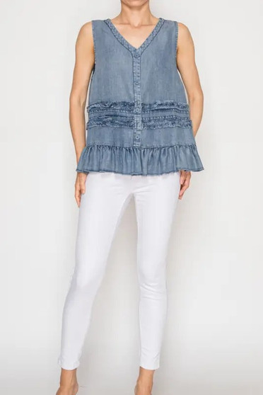 Front of the Chambray Ruffle Detailed Vest style 4900 from Origami in the color denim