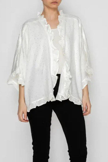 Front of the Ruffle-Trim Crystal Kimono Denim Jacket style 4975 from Origami in the color ivory