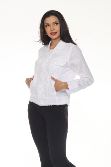 Front of the Studded Frayed Hem Jacket style T6670STUD-01 from Tango Mango in the color white