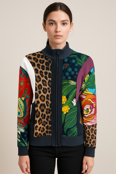 Front of the Boho Print Mock Neck Zip Jacket style J12872 from Eva Varro in the boho combo print