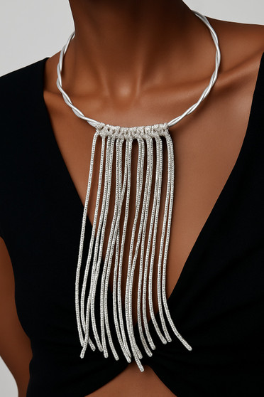 Rhinestone Tassels Silver Twist Wire Necklace SKU 30747 from Jeff Lieb