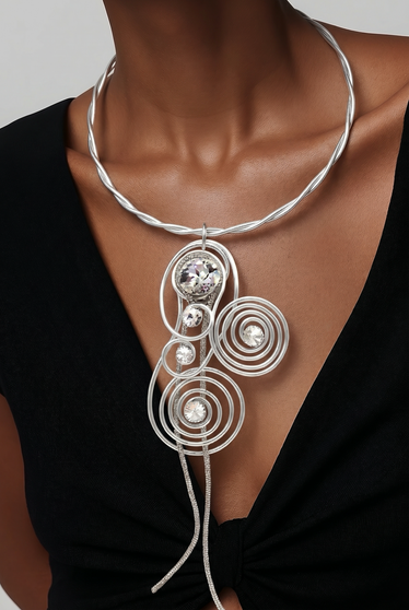 Silver Rhinestone Tassel Twist Wire Necklace SKU 30748 from Jeff Lieb