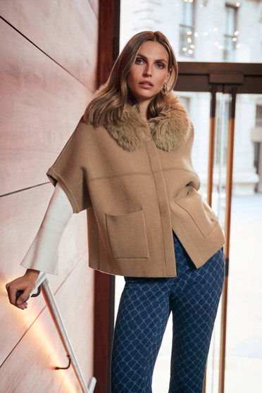 Front of the Sweater Knit Jacket With Detachable Faux Fur Collar style 263949 from Joseph Ribkoff in the color camel