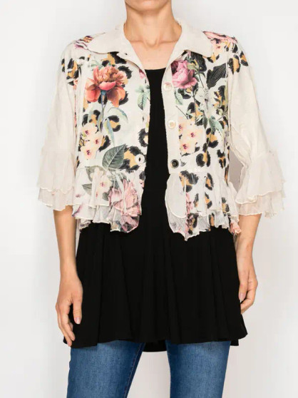 Front of the Cropped Button-Up Ruffle Detailed Jacket style 4870BG from Origami in the beige leopard floral print