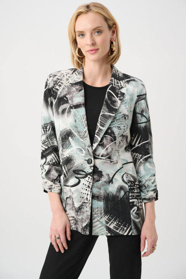 Front of the Silky Knit Abstract Print Straight Blazer style 263056 from Joseph Ribkoff in the off white/multi print