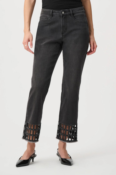 Front of the Repreve Denim Straight Classic Jeans With Rhinestone Detail style 263905 from Joseph Ribkoff in the color charcoal grey
