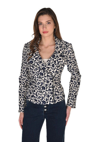 Front of the Animal Print Moto Jacket style 263230 from Frank Lyman in the colors navy and cream