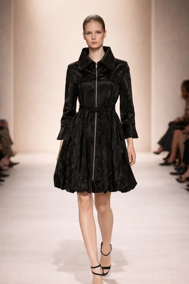 Front of the Rhinestone Zip Bubble Coat-Dress style F26008 from Samuel Dong in the color black