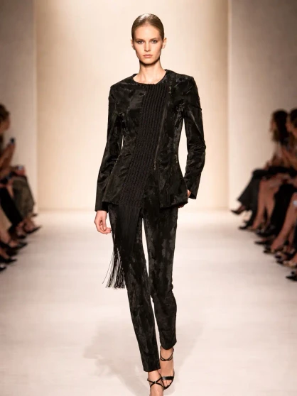 Front of the Asymmetric Fringe Faux Leather Jacket style F26010 from Samuel Dong in the color black