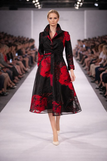 Front of the Floral Organza A-Line Dress with Double Wired Collar style F22041 from Samuel Dong in the colors black and red