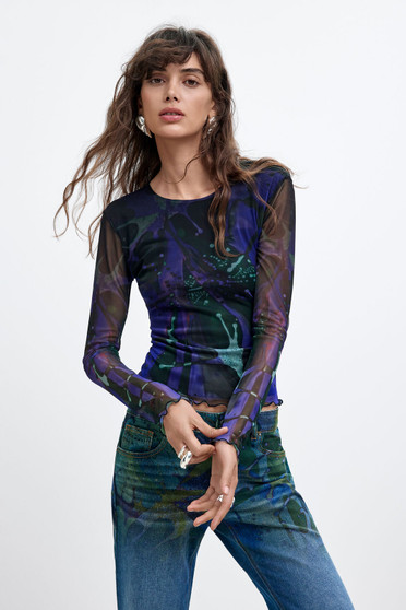 Front of the Printed Tulle Long-Sleeve Top style 26WWTK02 from Desigual in the azul print