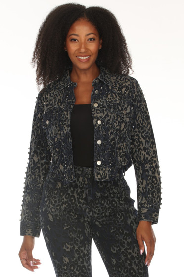 Front of the Animal Print Rhinestone Cropped Jacket style Z13524 from AZI Jeans in the color blue