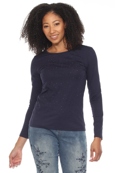 Front of the Long Sleeve Rhinestone Top style Z13173 from AZI Jeans in the color navy