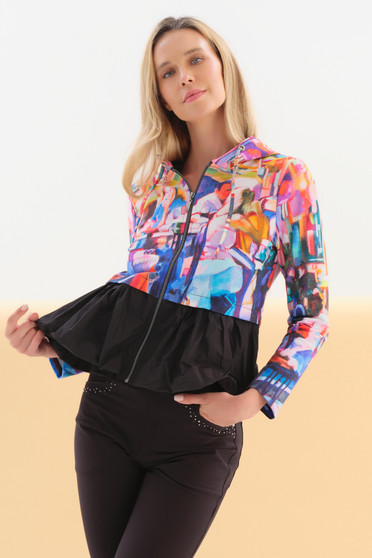 Front of the Friday Nights Cafe Print Peplum Hoodie style 76617 from Dolcezza in the multi print