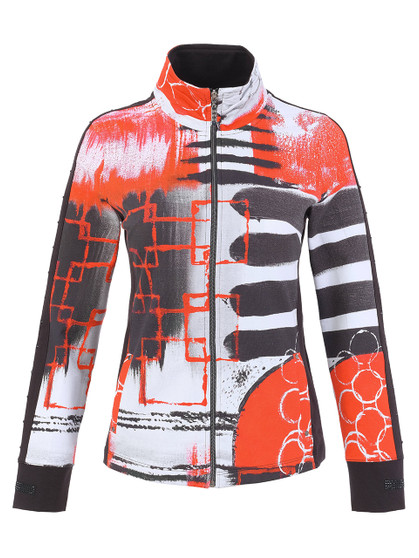 Front of the Geo Stripes Print Zip Jacket style 76696 from Dolcezza in the colors red and black