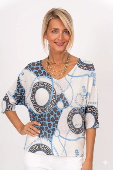 Front of the Rosace Print Batwing Sweater style 0544 from Look Mode in the color blue