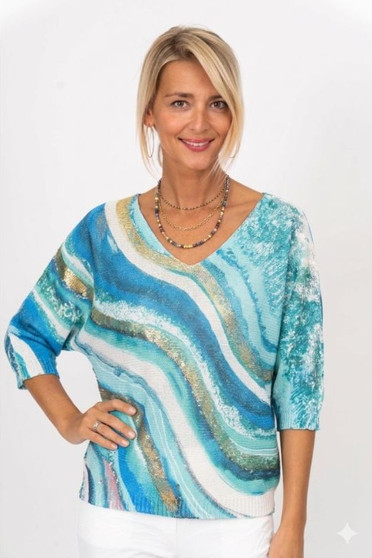 Front of the Blue and Gold Waves Batwing Sweater style 0531 from Look Mode in the color turquoise