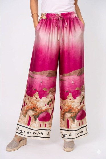 Front of the Italian Village Satin Pants style 51275 from Look Mode in the color fuchsia