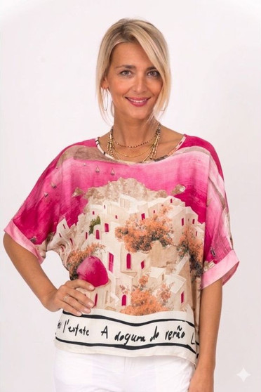 Front of the Italian Village Satin Top style 51265 from Look Mode in the color fuchsia
