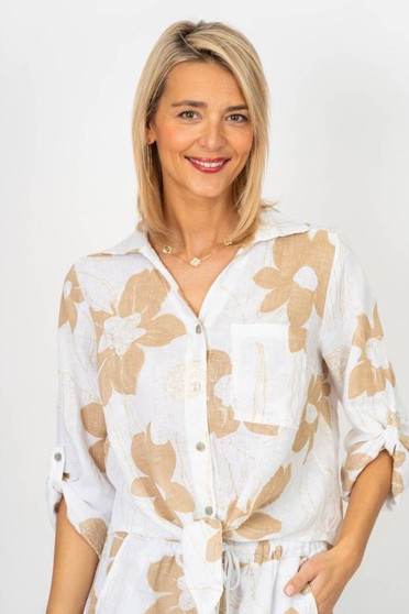 Front of the Gold Flower Print Tie front Shirt style 28597GF from Look Mode in the color white