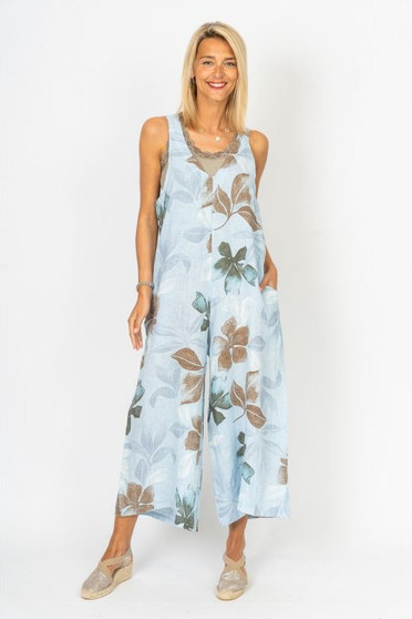 Front of the Flower Print Linen Romper style 1590 from Look Mode in the blue/silver print
