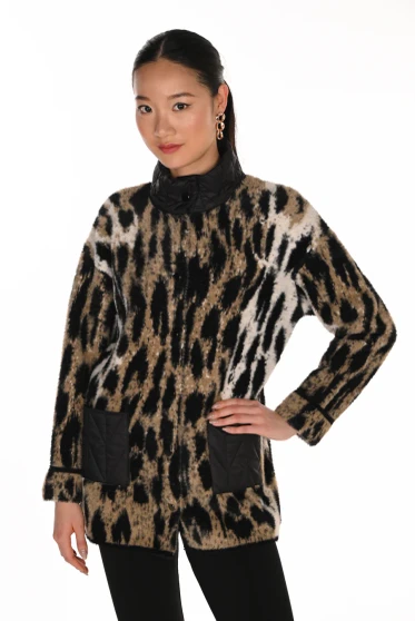 Front of the Fuzzy Animal Print Sweater Coat style 263793 from Frank Lyman in the colors black and tan