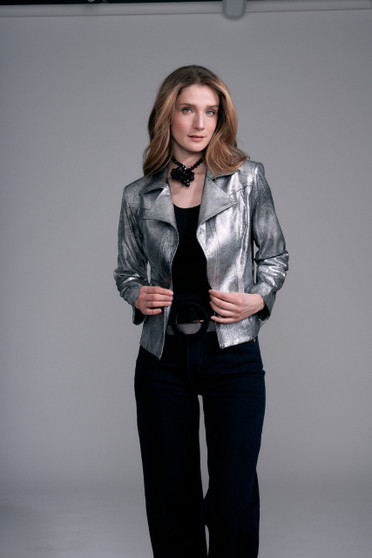 Front of the Distressed Metallic Vegan Leather Jacket style BCJ5726MB from Insight in the color silver